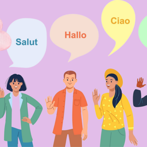 Vektor image of a group of diverse young people saying hello in many European languages, with speech bubbles above their heads