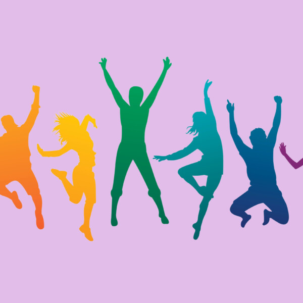 Illustration of a group of young people jumping up enthusiastically against a light purple background