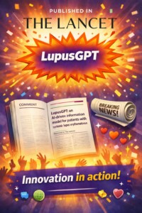 Celebratory graphic announcing LupusGPT’s publication in The Lancet, with confetti, an open journal, a “Breaking News” newspaper, raised hands, hearts, and the words “Innovation in action!”